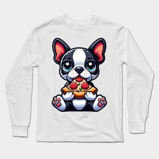 Boston Terrier Eating Pizza Long Sleeve T-Shirt